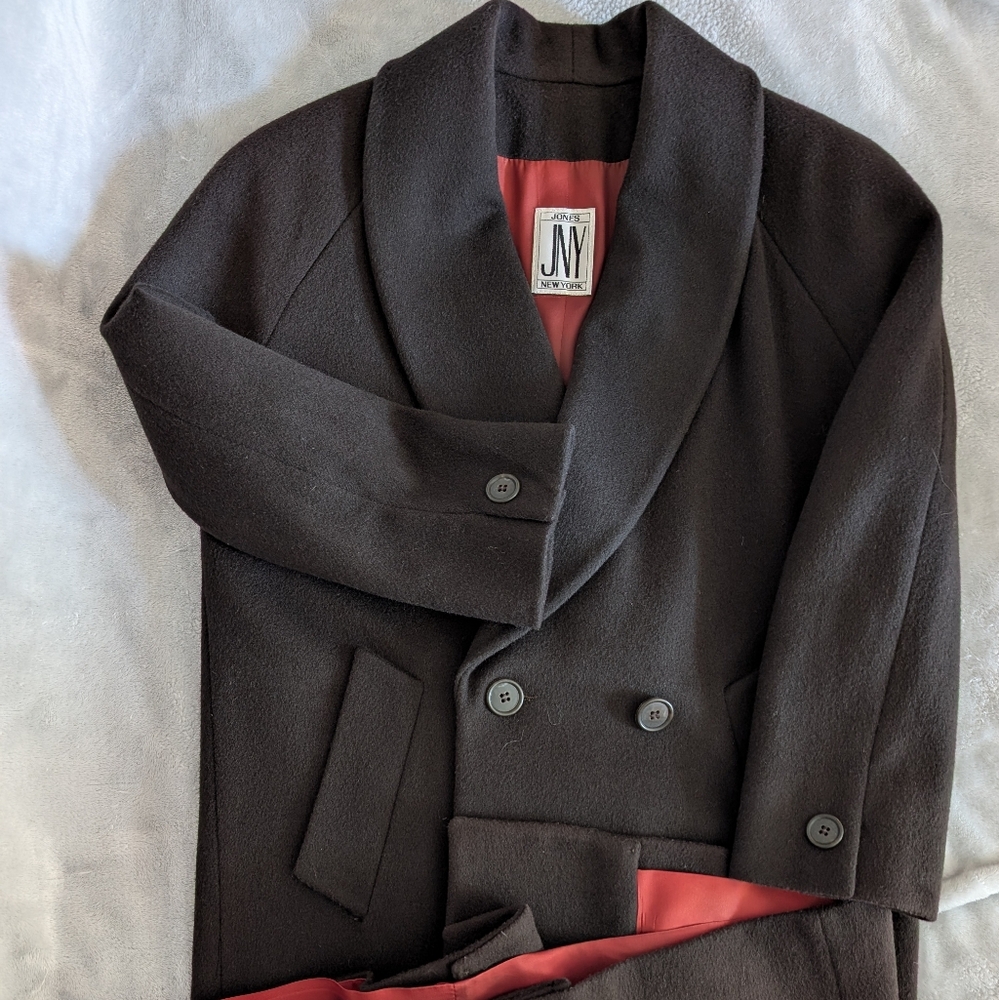 Jones New York Women's Black/Dark Brown Long Wool Double-Breasted Coat Small